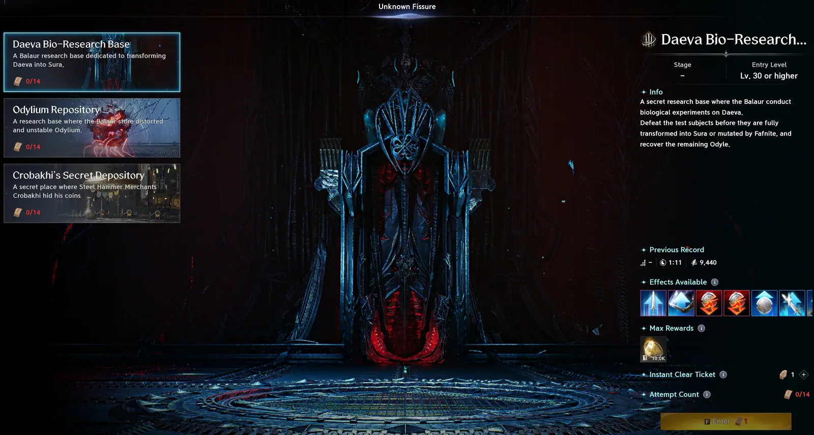 Daily dungeon window with three instances, best time and attempt counter
