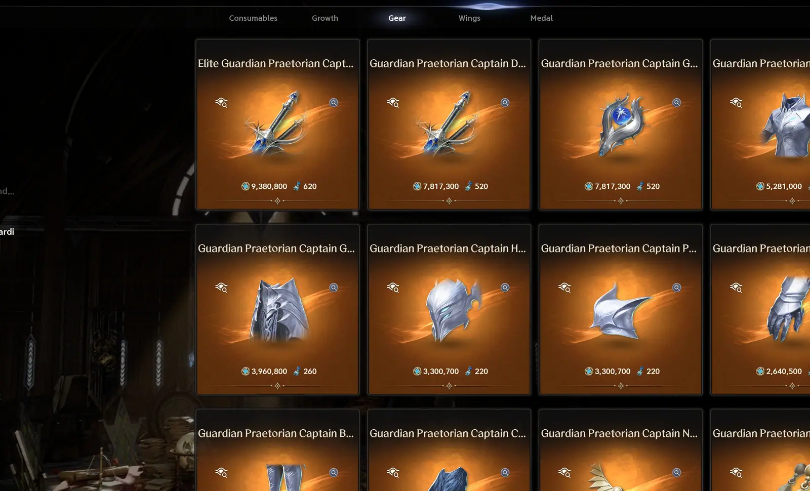 Gear tab of the abyss shop at the top tier, showing point and medal price