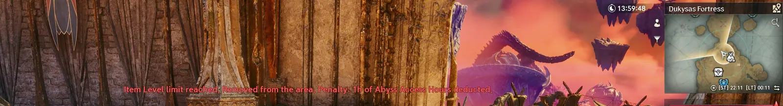 Red client message over the game: item level limit reached, removed from the area, one hour deducted