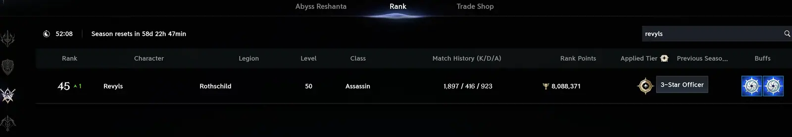 Own character's leaderboard row with rank, record, rank points and tier