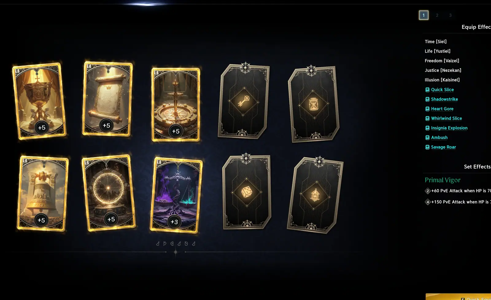Arcana window with the five card slots