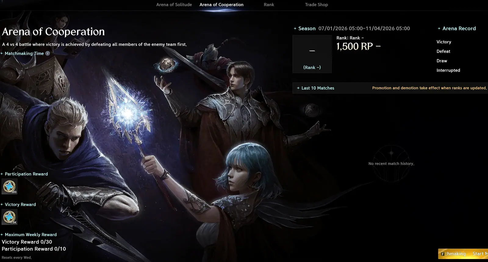 Arena of Cooperation window with season, rewards and the weekly cap