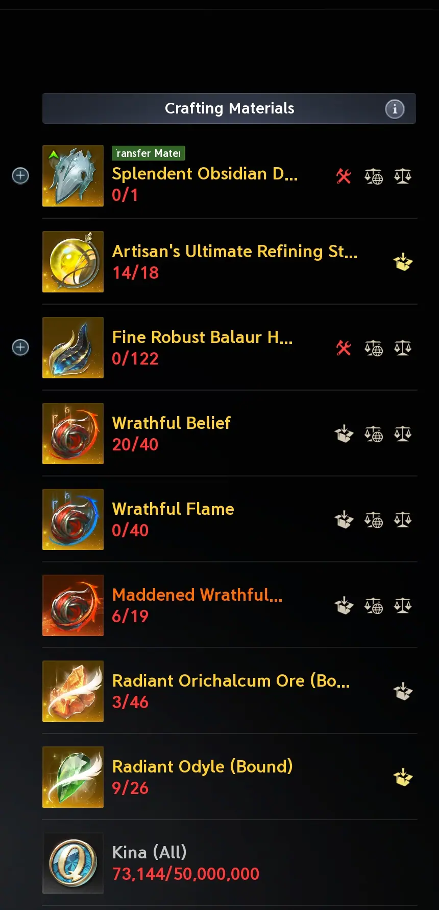 Material list of the Noble Dragon Lord Guard with nine rows and the kinah figure