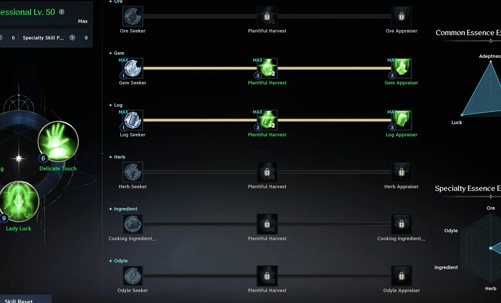 Essence extraction window with skill levels