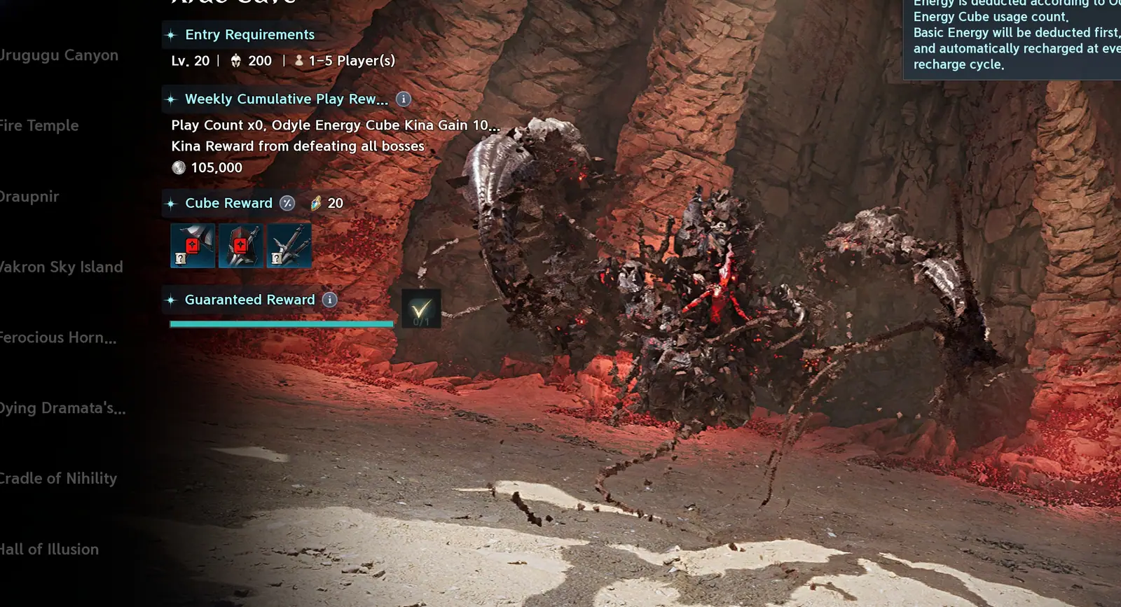 Expedition window on the exploration tab showing the Krao Cave entry and its requirements