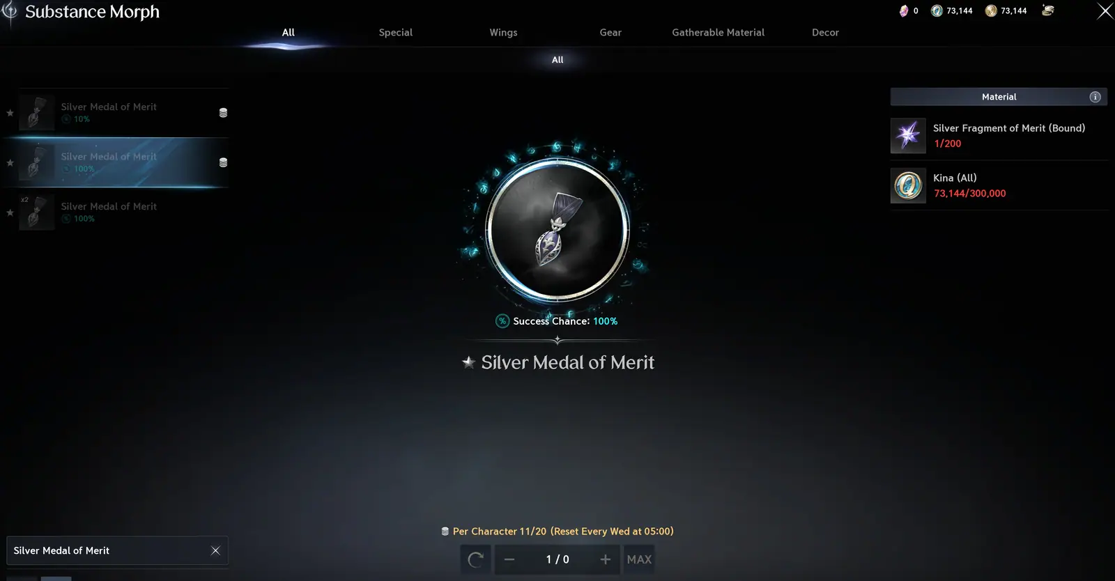 Substance morph making a guaranteed silver medal from 200 fragments, with the weekly counter