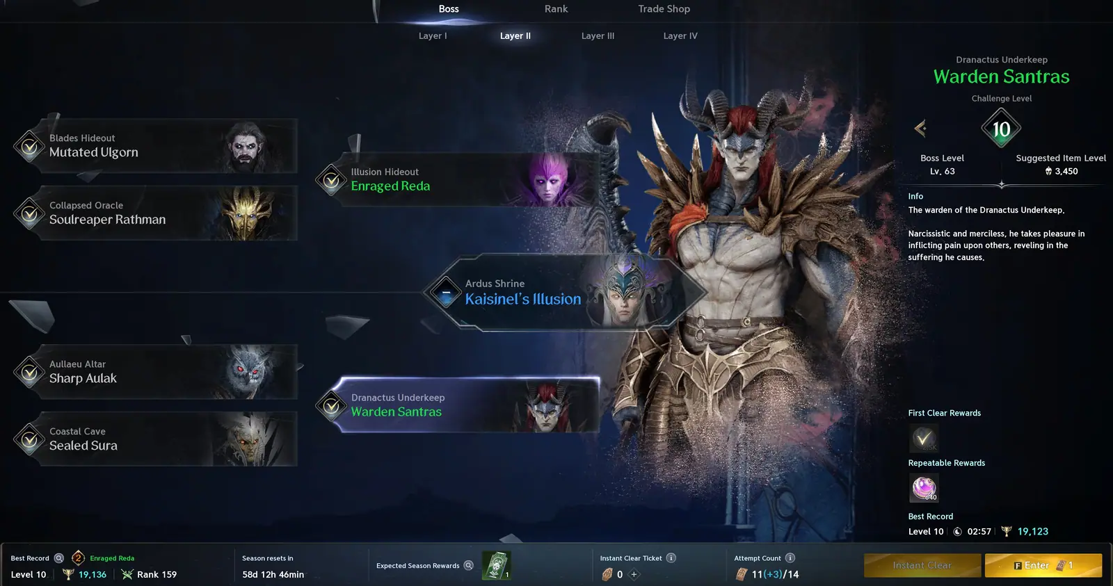 Nightmare window with boss row, suggested item level and attempt count