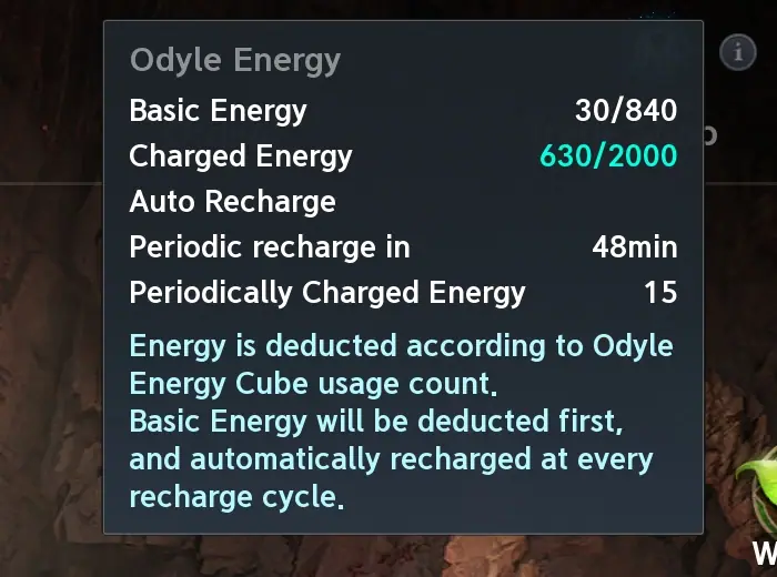 Odyle energy tooltip with basic energy, charged energy and the recharge cycle