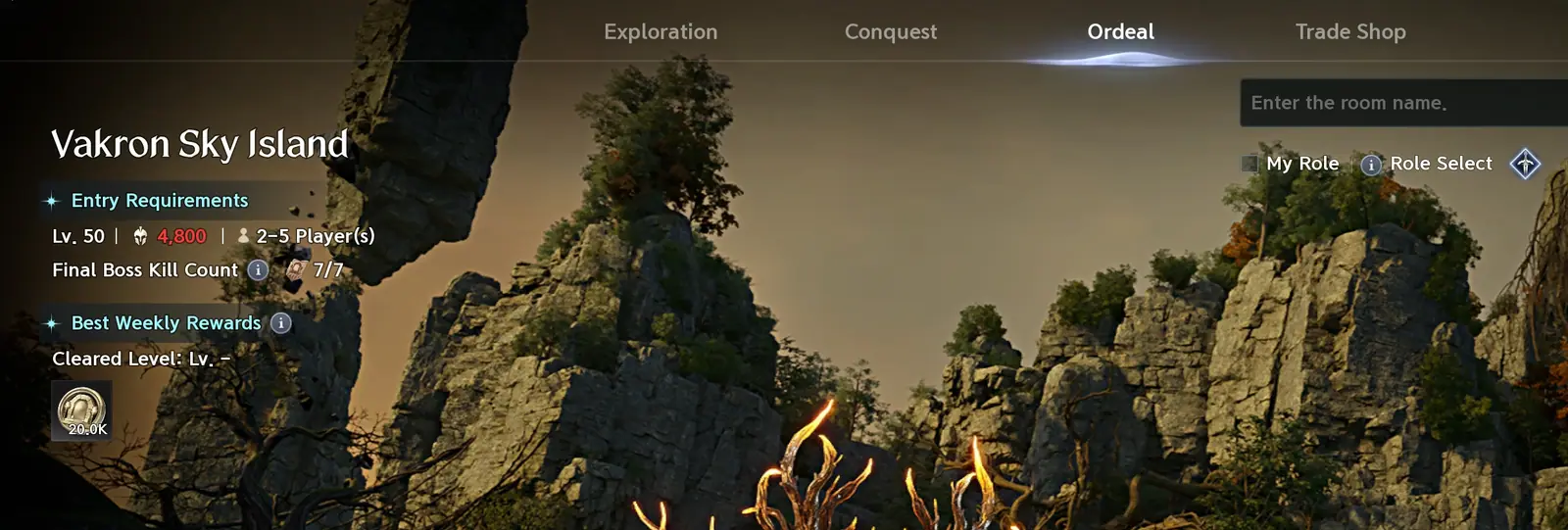 Expedition window on the Ordeal tab showing entry requirements for Vakron Sky Island