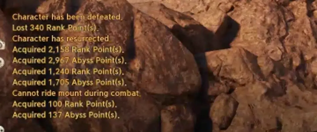 Combat log showing rank and abyss points lost and gained