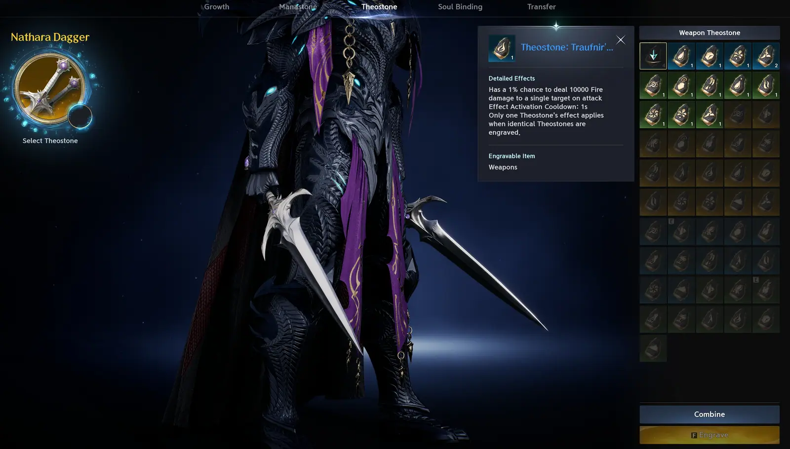 Enhancement window on the Theostone tab with stone list and tooltip