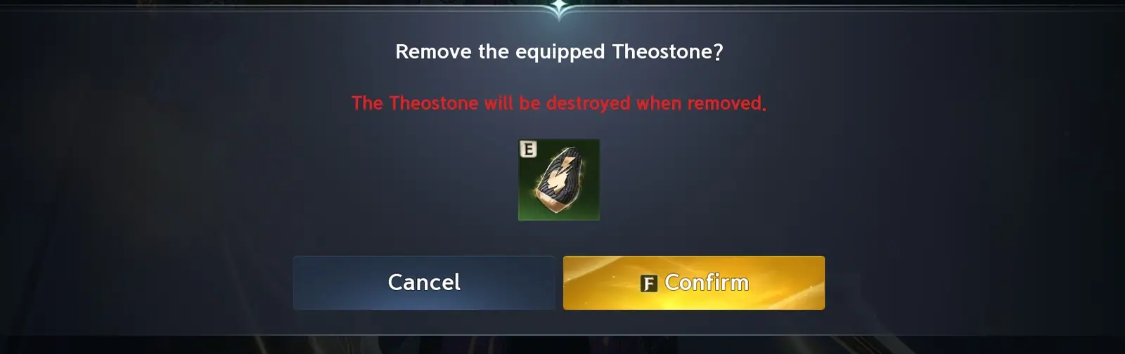 Confirmation dialog asking whether to remove the equipped theostone, with a red warning