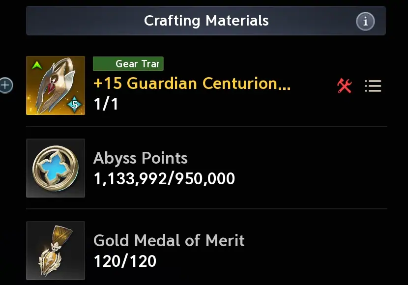 Materials column with the plus fifteen source piece, 950,000 abyss points and 120 gold medals