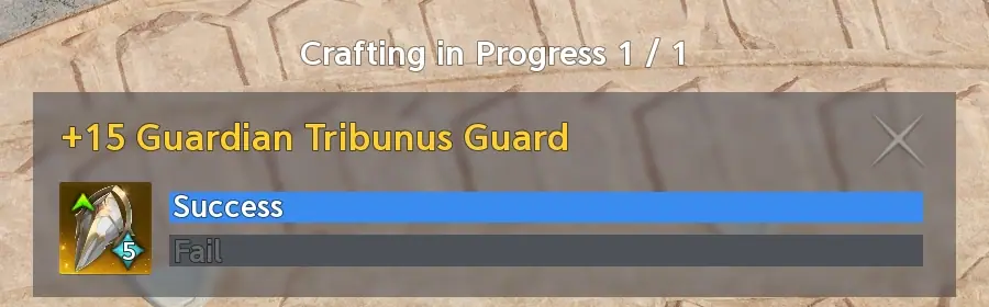 Result window: plus fifteen Guardian Tribunus Guard, success bar full