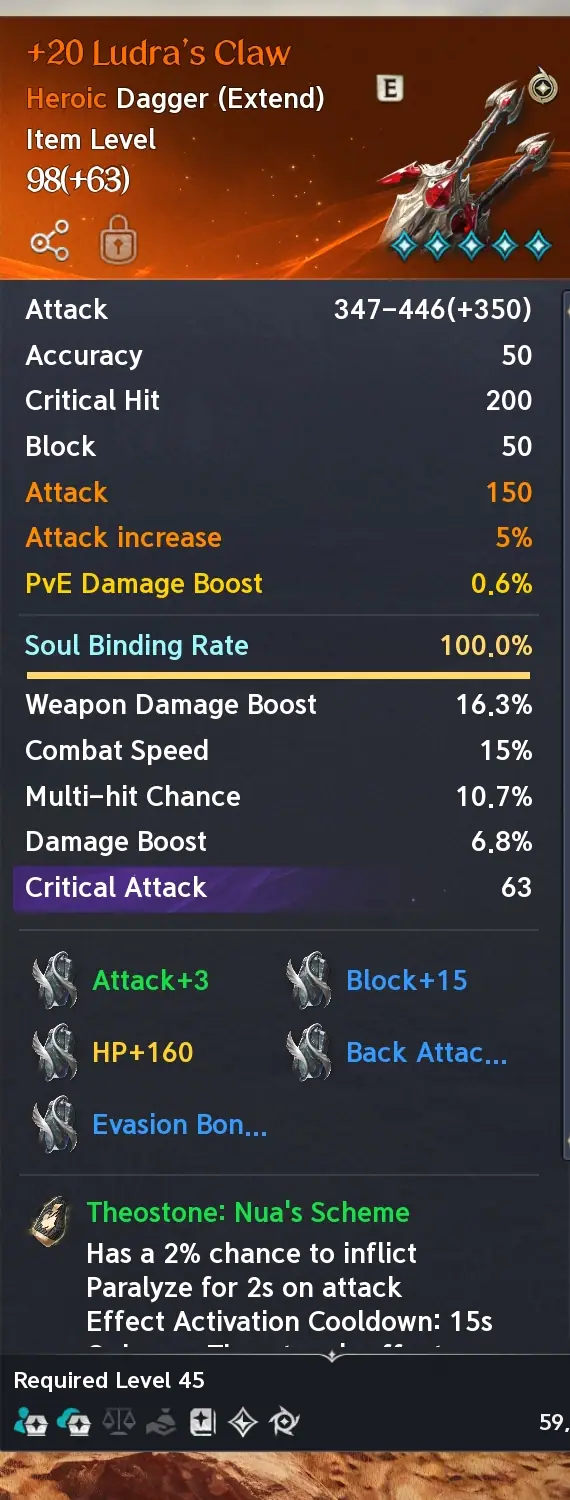 Weapon tooltip with base stats, manastones, soul binding and the theostone line